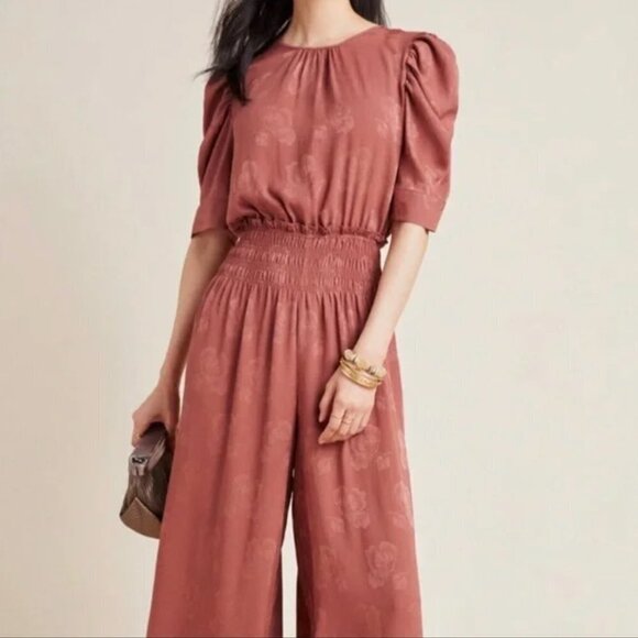 Anthropologie Current Air Brown Floral Jacquard Puff Sleeve Jumpsuit - Picture 1 of 7